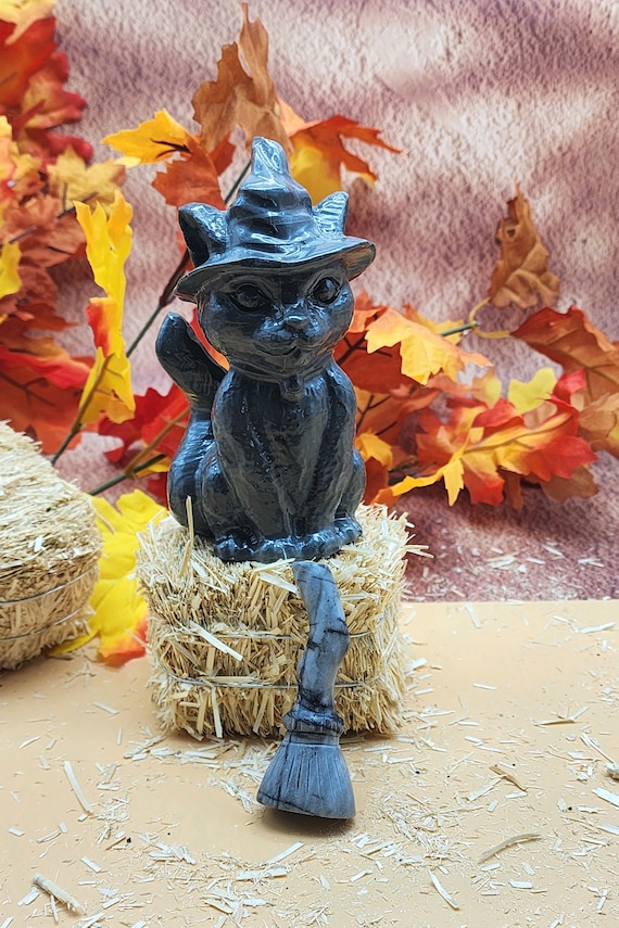 Jasper Witch Cat And Witch Broom Decor Set, Carving, Halloween Decoration, Crystal Decor, Gothic, Witchy, Gemstone Witch Cat, Crystal Energy