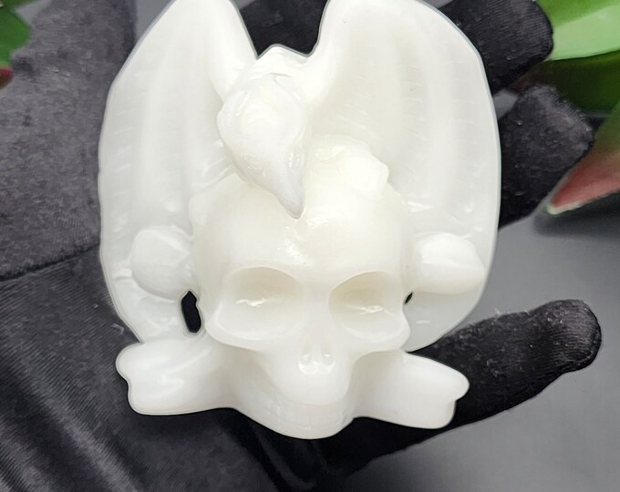 White Jade Crystal Skull with Dragon & Crossbones - Gothic Decor
