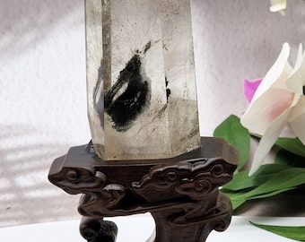 Garden Quartz Tower with Custom Sandalwood Stand: Lodolite Obelisk