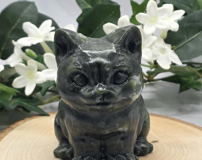 Xiuyan Jade Cat Statue Carving | Green Jade Kitty Figurine | Crystal Cat Memorial Gift | Small Jade Animal Sculpture | Cat Lover Decor