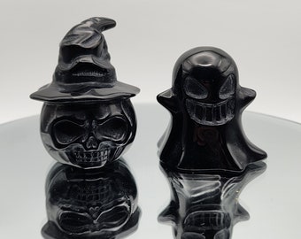 Hand Carved Black Obsidian Pumpkin and Ghost Set: Halloween Decor