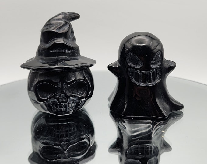 Hand Carved Black Obsidian Pumpkin and Ghost Set: Halloween Decor