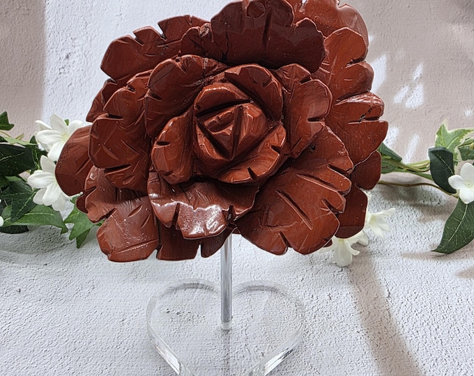Hand Carved Red Jasper Rose Flower Display, Acrylic Heart Stand