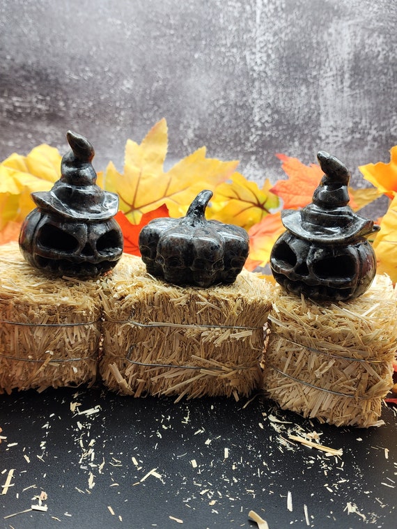 Yooperlite UV Reactive Halloween Decor Set, 2 Jack-o- Laterns 1 Skull Pumpkin, Hand Carved Crystal Halloween Decor