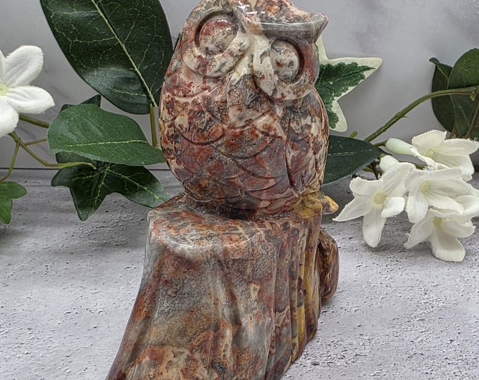 Hand Carved Crazy Lace Agate Owl, Natural Stone Bird Carving, Woodland Decor