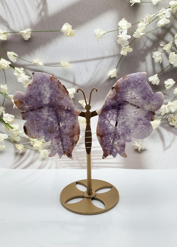 Pink Amethyst Butterfly Wings And Gold Metal Stand, Crystal Butterfly Wings, Amethyst Butterfly. Crystal Energy Healing, Transformation Gift
