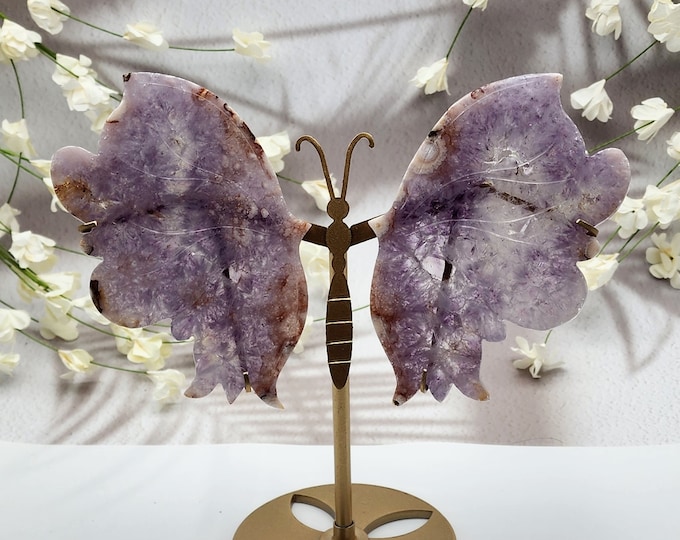 Pink Amethyst Butterfly Wings on Gold Stand: Crystal Decor