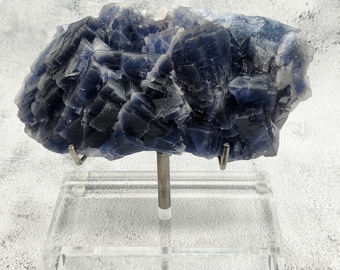 Large Blue Purple Fluorite Display Specimen, Indigo Cobalt Blue Crystal on Stand
