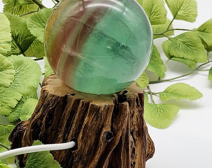 Candy Fluorite Sphere with Lighted Natural Wood Stand