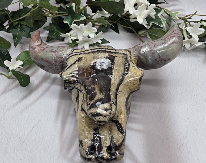 Picture Jasper Longhorn Bull Skull Carving, Hand Carved Stone Decor, 9 Inch Western Rustic Ranch