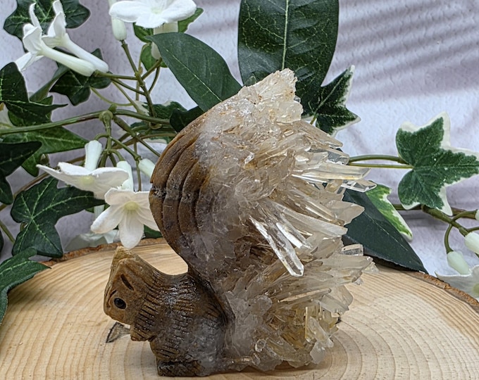 Hand-Carved Squirrel with Natural Quartz Cluster Tail • Unique Crystal Animal Carving • Woodland Decor • Quartz Point Cluster Sculpture