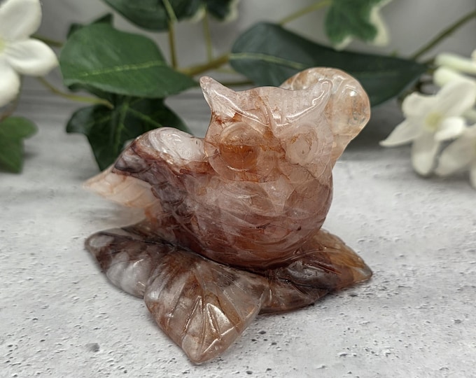 Hand Carved Fire Quartz Owl, Hematoid Crystal Bird Decor (3.56" Wide)