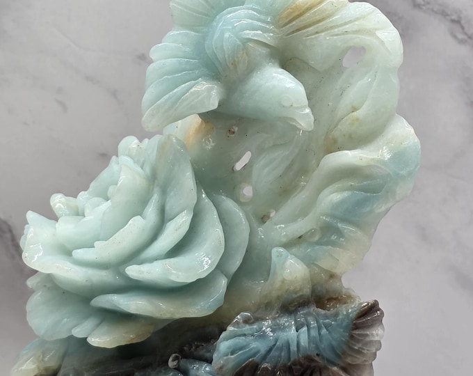 Caribbean Calcite Hand Carved Birds & Rose Flower Display, Wood Root Stand