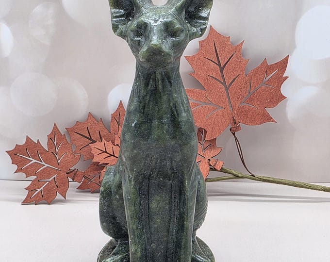 Hand Carved Xiuyan Jade Sphinx Cat, Egyptian Bastet Style Figurine (6" Tall)