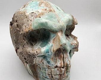 Natural Druzy Hemimorphite Large Skull, Turquoise Blue, Hand Carved.