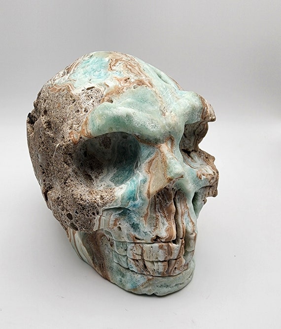 Natural Druzy Hemimorphite Large Skull, Turquoise Blue, Hand Carved.
