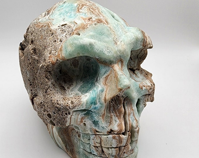 Natural Druzy Hemimorphite Large Skull, Turquoise Blue, Hand Carved.