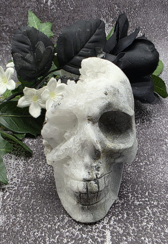 Large Quartz Druzy Crystal Skull with Chalcopyrite | Skull Carving for Altar, Healing, Halloween, Spiritual Decor, Home Decor, Reiki, Gothic