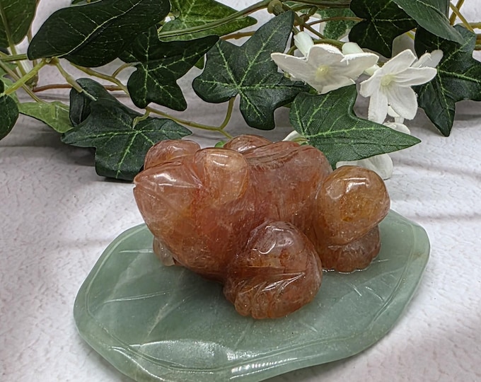 Fire Quartz Frog Sculpture • Aventurine Lily Pad, Feng Shui Decor
