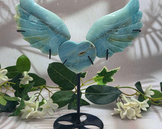Hand Carved Caribbean Calcite Angel Wings Heart Display | Adjustable Gemstone Stand