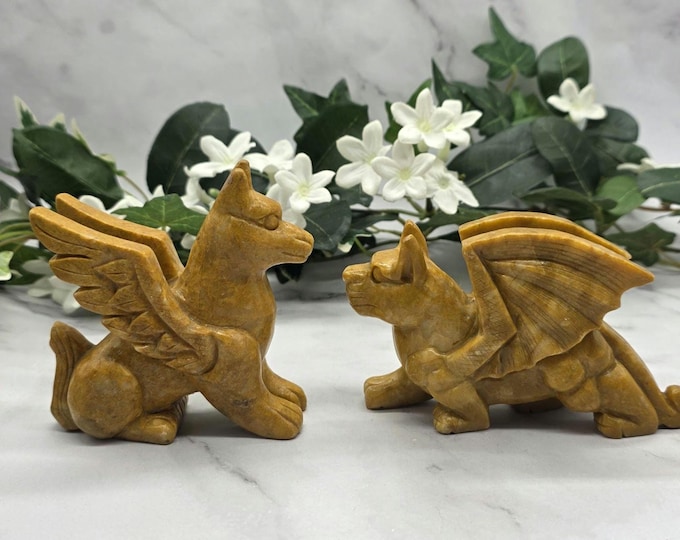 Yellow Jade Griffin Pair Carving | Mythical Guardian Statue Set | Fantasy Crystal Decor | Jade Dragon Lion Figurines | Spiritual Protection
