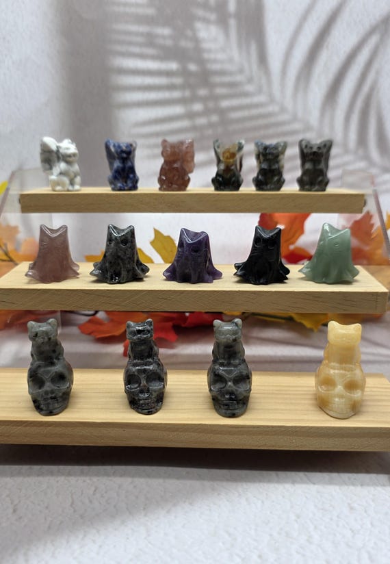 Mini Ghost Cat Set of 15, Crystal Halloween Cats, Skulls, Winged Cats & Ghost Cats, Howlite, Labradorite, Yooperlite, Agate, Calcite + More