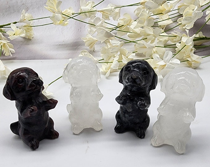 Crystal Dog Carvings, Quartz, Garnet, Fireworks Stone, Mini Figurines