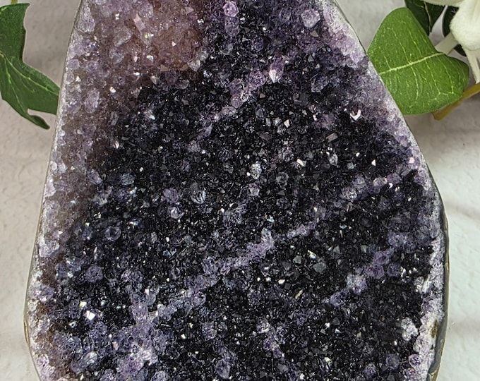 Dark Druzy Amethyst Geode Cut Base Natural Uruguayan Black Purple Crystal Specimen