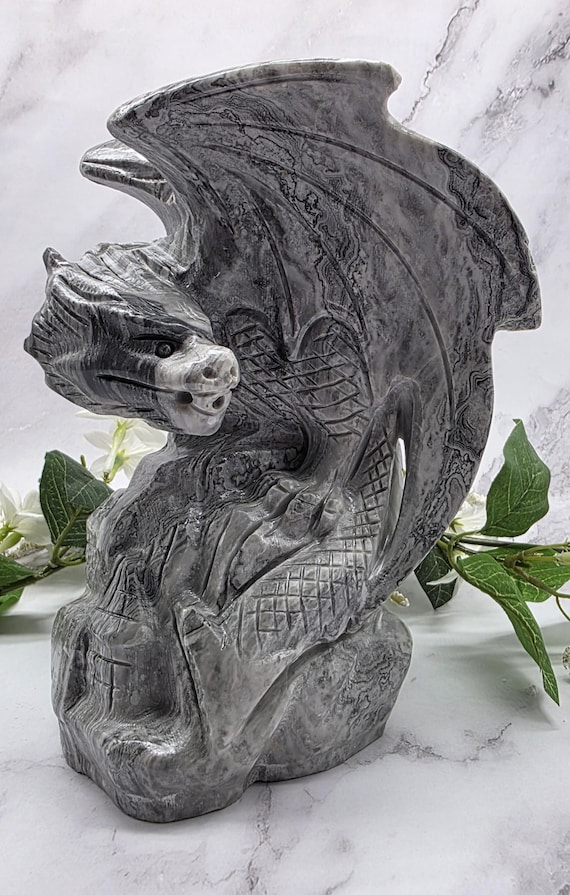 XL Picasso Jasper Dragon Statue – Hand Carved Crystal Dragon on Cliff with Castle – Fantasy Decor – Protective Stone – Unique Crystal Sculp