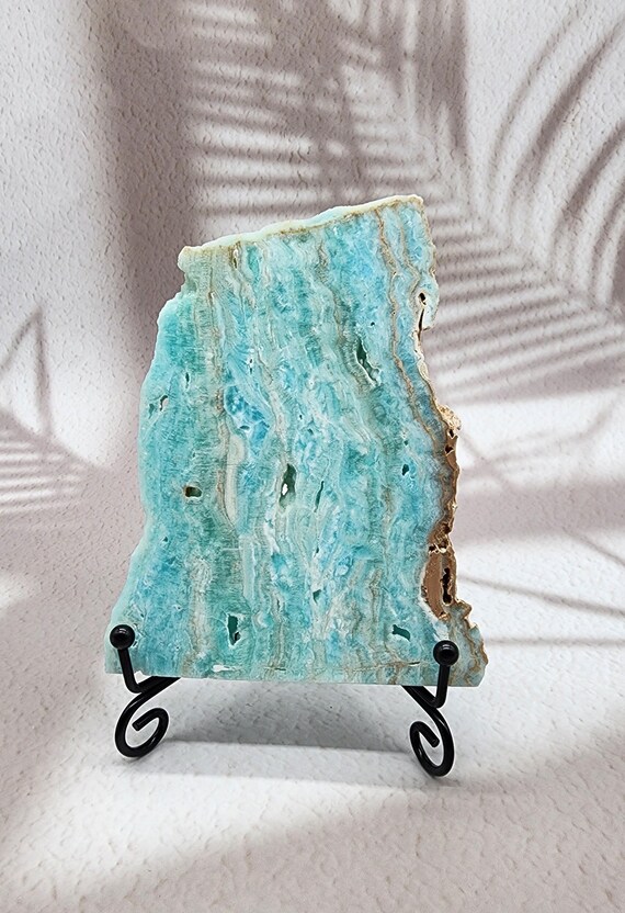 Hemimorphite Crystal Slab With Metal Stand, Blue Healing Stone, for Emotional Balance And Throat Chakra, Crystal Decor, Display Piece