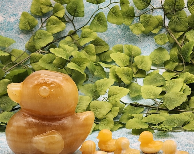 Yellow Calcite Duck and Ducklings Set: Natural Gemstone Carvings