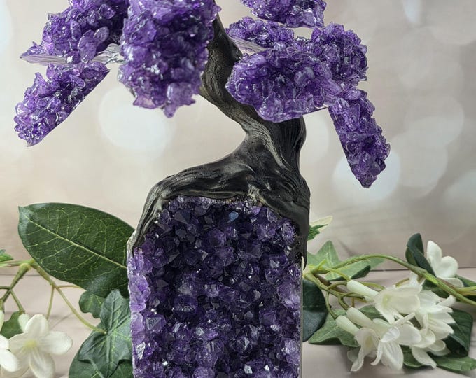 Uruguay Amethyst Geode Bonsai Tree | 15 Crystal Leaves, Statement Decor
