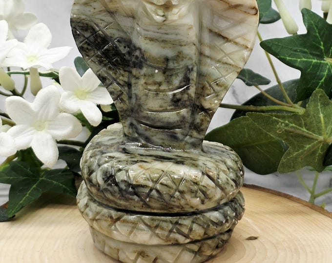 Hand Carved Jade Cobra Snake 5” Nephrite Jade Sculpture Coiled Serpent Crystal Guardian Protection Statue Natural Stone Animal Carving