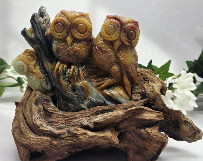 Rustic Woodland Owl Family Carving, Caribbean Calcite Crystal on Wood Root Base