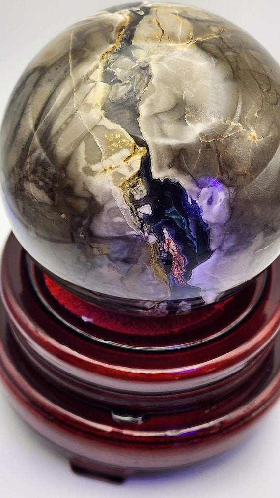 Volcano Agate Sphere With Wood Stand, Large Statement Piece Sphere, UV Reactive  Agate