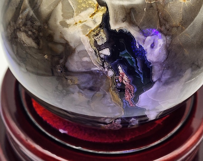 UV Reactive Volcano Agate Sphere with Wood Stand