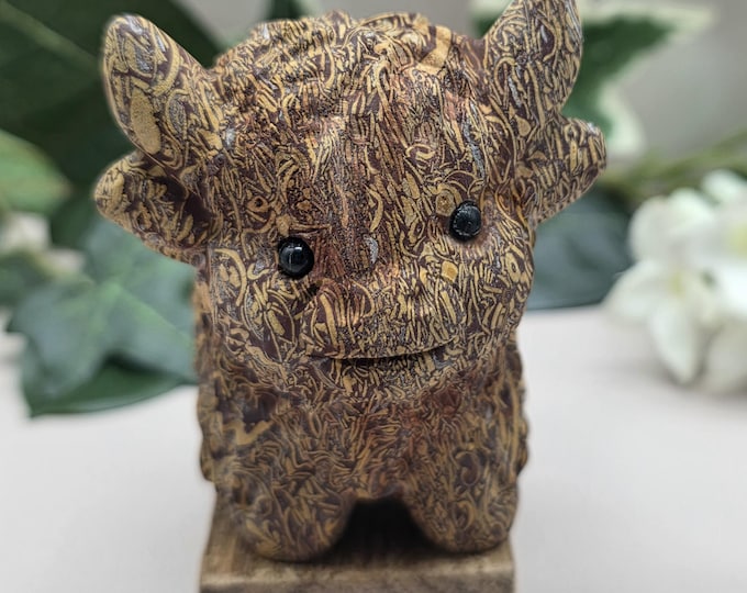 Hand Carved Mariam Jasper Highland Cow Figurine with Wood Stand