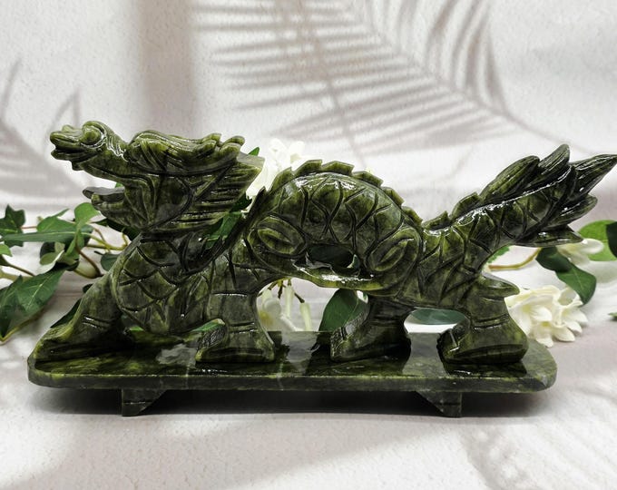 XL Xiuyan Jade Dragon Figurine, Hand Carved Jade Dragon, Good Luck Gemstone, Natural Gemstone, Unique Gift Giving Idea