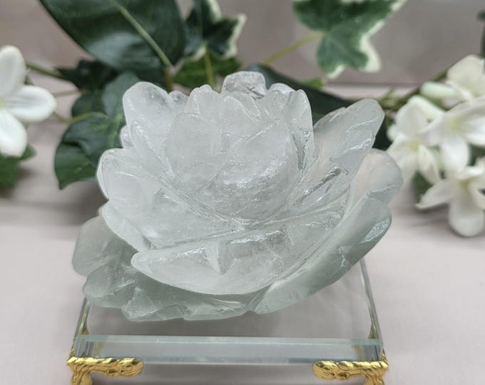 Light Green Garden Quartz Rose Crystal Flower Lodolite Quartz Carving with Glass Stand