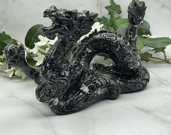 XL Dark Jade Dragon Statue • Black Serpentine Xiuyan Jade Dragon Carving • Feng Shui Prosperity Dragon • Large Crystal Dragon Décor