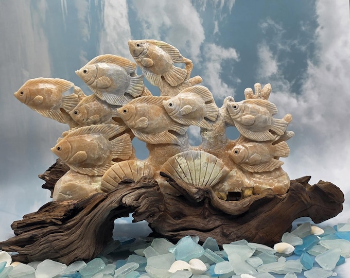 XXL Flower Agate Schooling Fish Carving, Natural Wood Stand, Coastal Crystal Decor