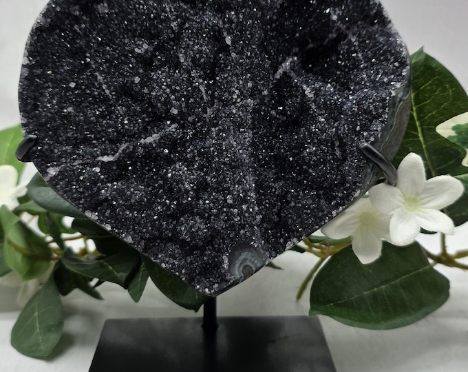 Large Black Amethyst Heart Druzy Crystal on Metal Stand from Uruguay – 1 lb 6 oz Heart-Shaped Geode, Healing Crystal Home Décor Gift