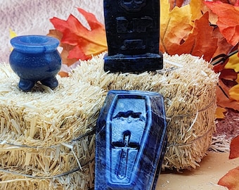 Sodalite Halloween Decor Set: Coffin, Tombstone & Aventurine Cauldron
