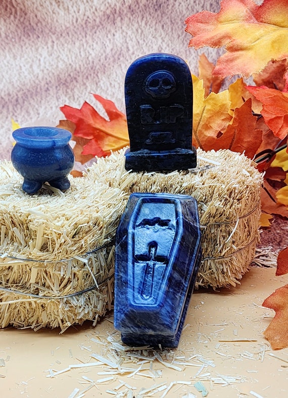 Sodalite Halloween Decor Set, 1 Coffin/Casket 1 Tombstone, 1 Small Blue Aventurine Cauldron Crystal Halloween Decor, Home Decor, Halloween