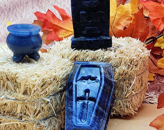 Sodalite Halloween Decor Set: Coffin, Tombstone & Aventurine Cauldron