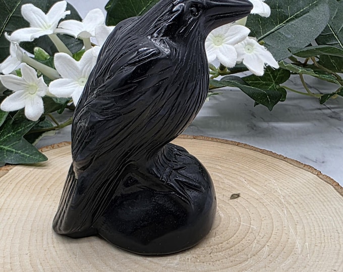 Hand Carved Black Obsidian Crow Raven Statue • Crystal Bird Carving • Protective Grounding Stone • Mystical Gothic Decor • Spiritual Symb