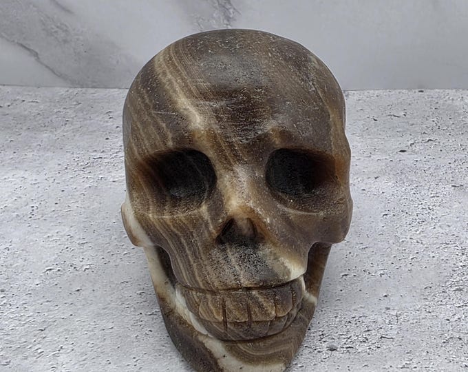 Hand Carved Amber Calcite Skull, Natural Banded Stone, Gothic Crystal Decor
