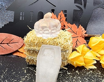 Clear Quartz Halloween Decor: Hand Carved Crystal Skull Pumpkin & Coffin Set