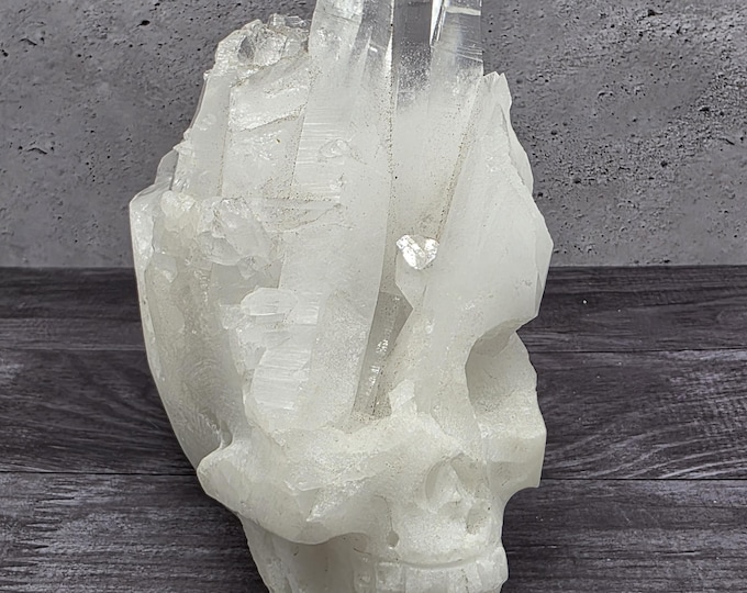 Clear Quartz Cluster Skull Sculpture | Hand-Carved Natural Crystal Crown Form