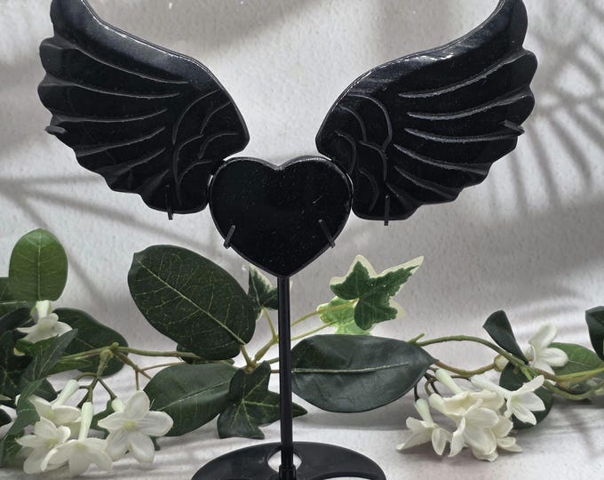 Black Obsidian Angel Wings Heart Display, Adjustable Metal Stand, Gothic Crystal Decor